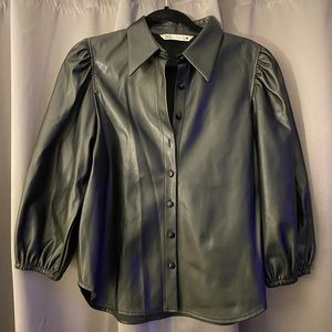 Zara Black Faux Leather Button-Up Puff Sleeve Top
